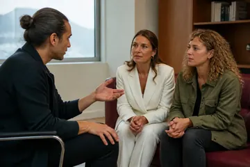 Bir psikiyatrist aydınlık bir odada yan yana oturan orta yaşlı bir kadın ve kız kardeşine avucunu açarak bir şey anlatıyor