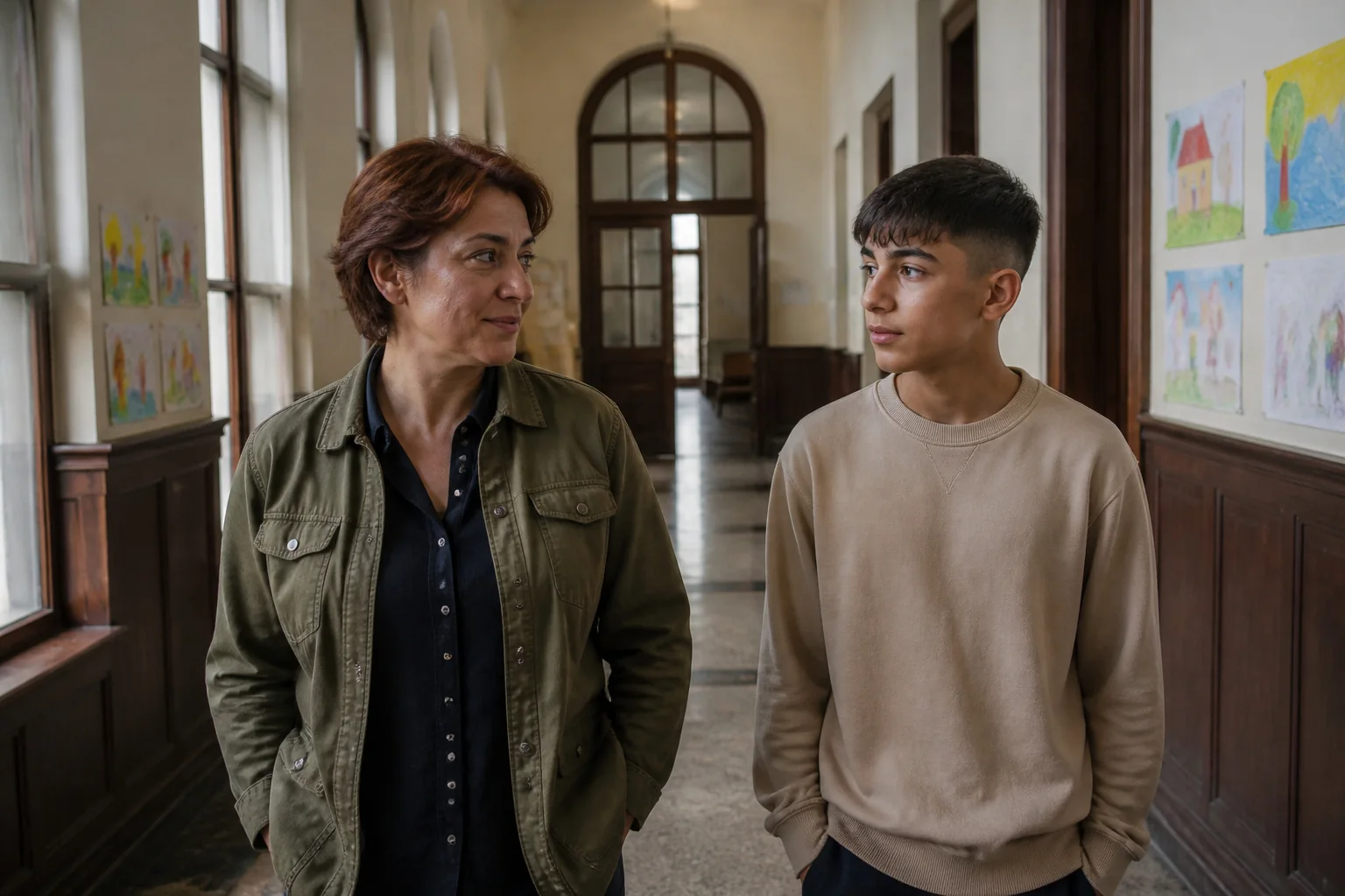 Bir psikiyatrist kadın ile on beş yaşında bir erkek çocuk, duvarlarında çocuk resimleri asılı aydınlık bir koridorda birlikte yürüyor