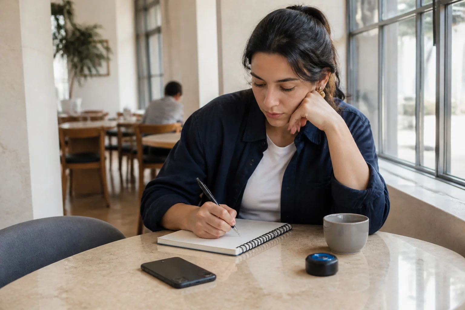 Bir kafe masasında ekranı aşağı dönük bir telefon, bir defter ve bir zamanlayıcı