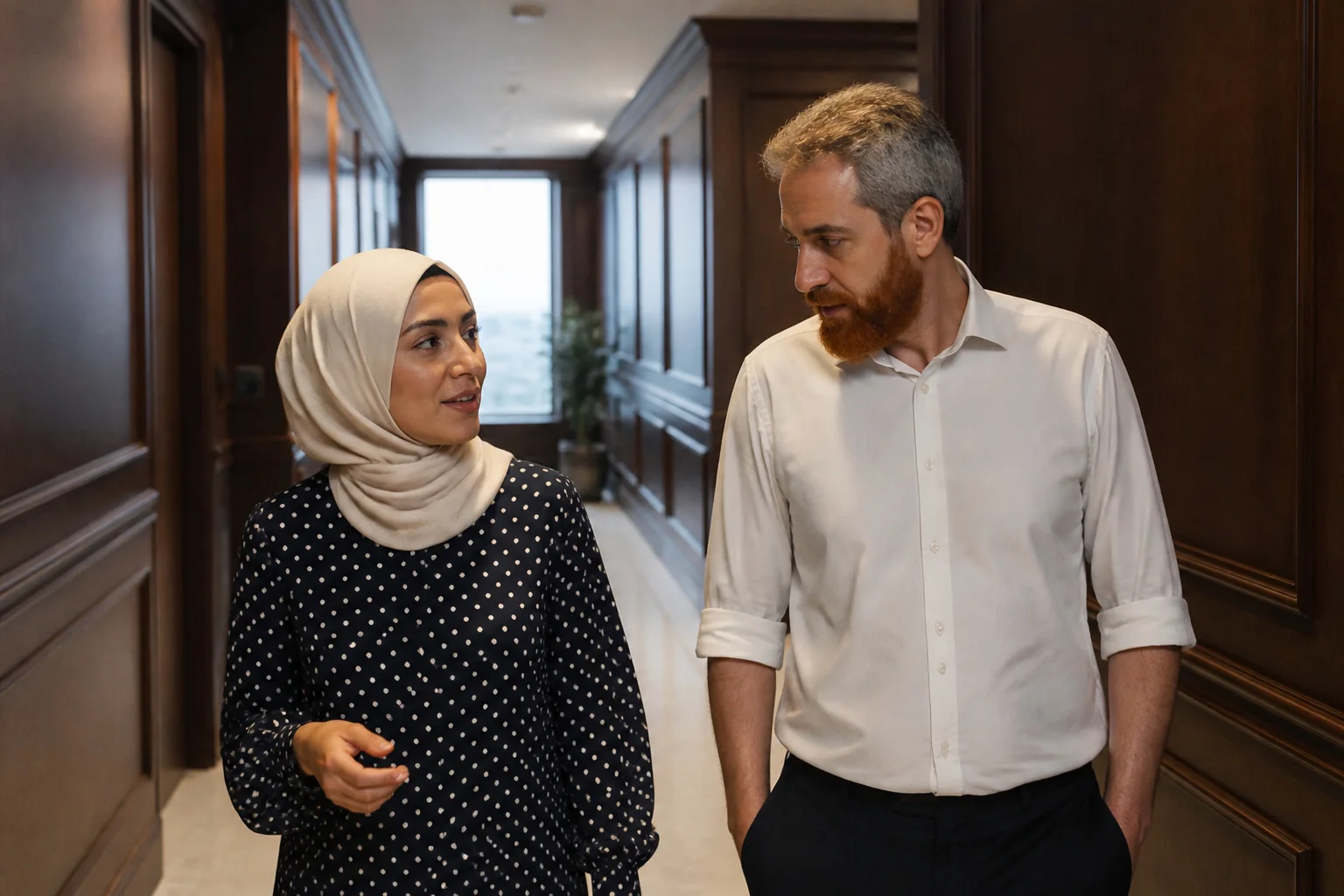 Bir psikiyatrist ile orta yaşlı bir adam modern bir muayenehanenin aydınlık koridorunda muayene odasına doğru birlikte yürüyor